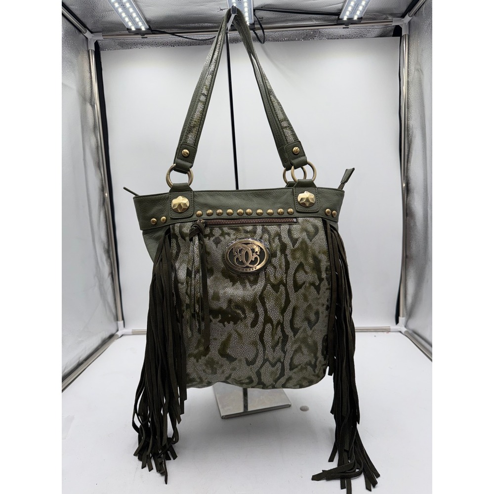 Sharif Studio Olive Green Snakeskin Embossed Leather Fringe Studded Tote Bag